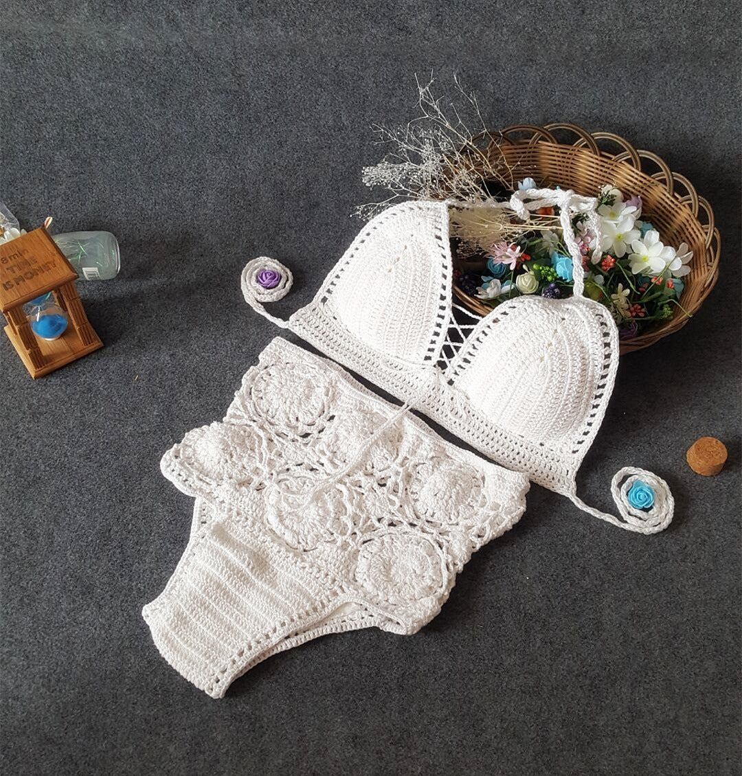 High Waisted Crochet Flower Bikini Set