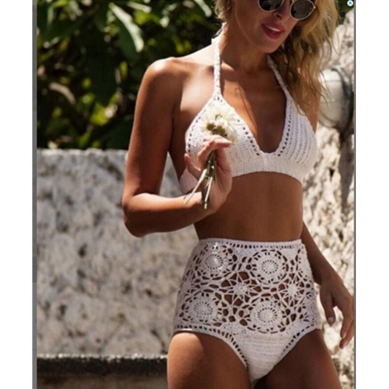 High Waisted Crochet Flower Bikini Set