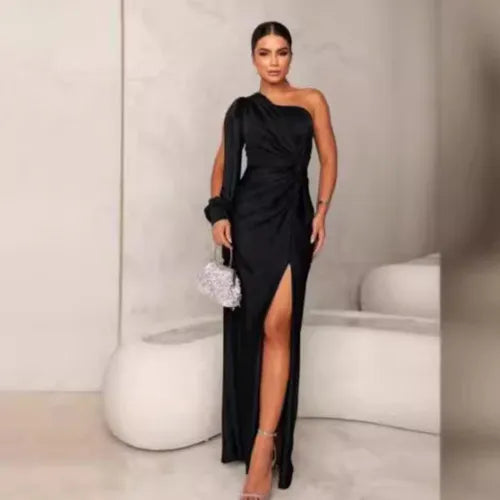 Women's One-shoulder Split Dress Ins Fashion Long-sleeved Slim Long Dresses Party Evening Clothing