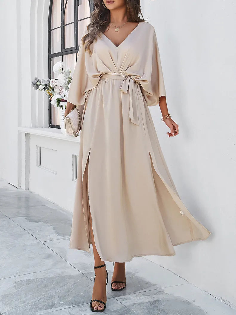 Fashion Bat Sleeve Long-sleeved V-neck Dress With Split Design Temperament Loose High Waist Lace-up Long Dresses Women Clothing